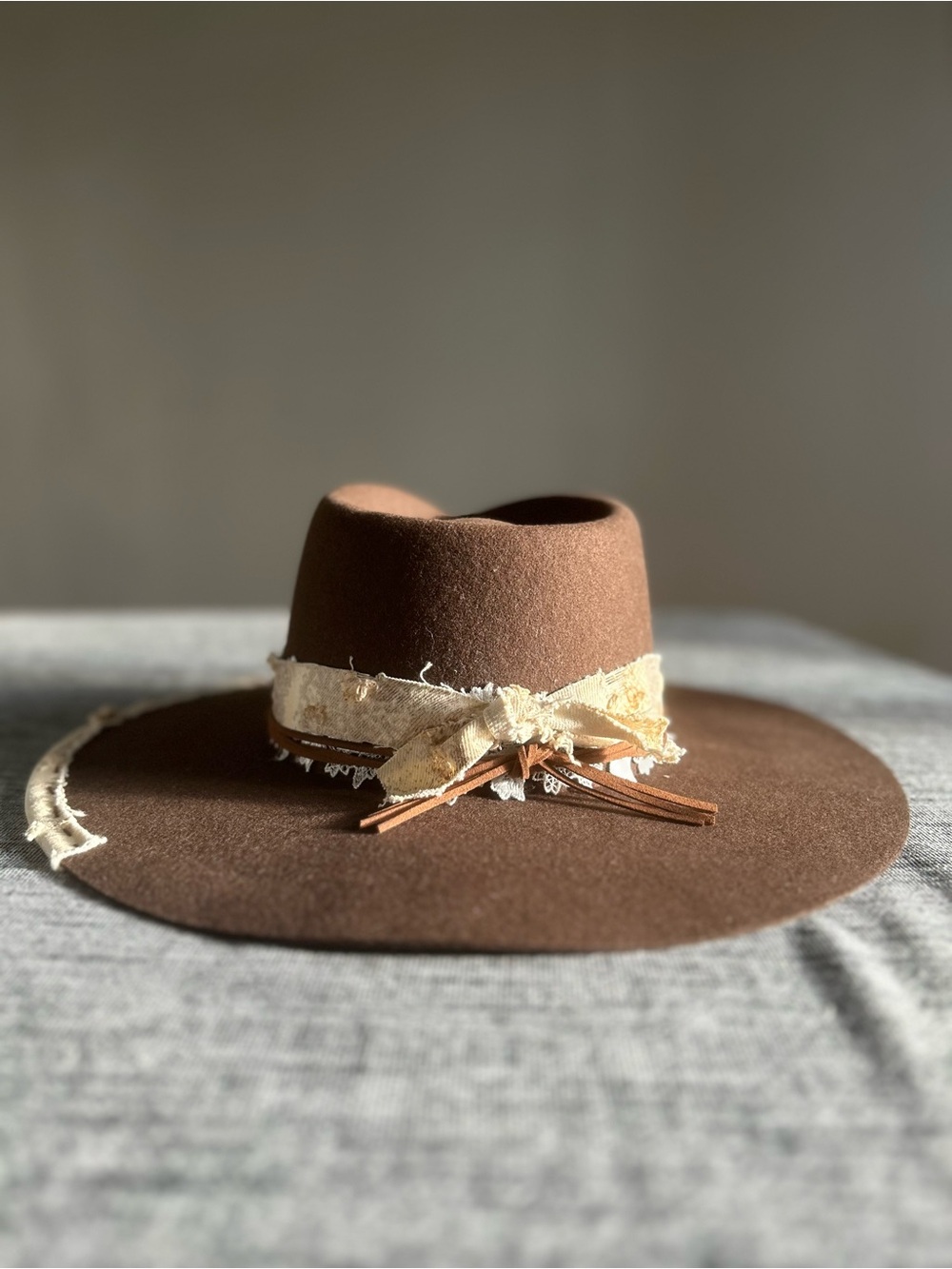 Free People Lace Wool Round Top Hat Suede Cord Wide Brim Western Brown M NWT
